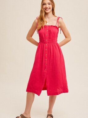 NWT Boutique: Hem & Thread Fuchsia Smocked Button-Front Midi Dress 100% Cotton